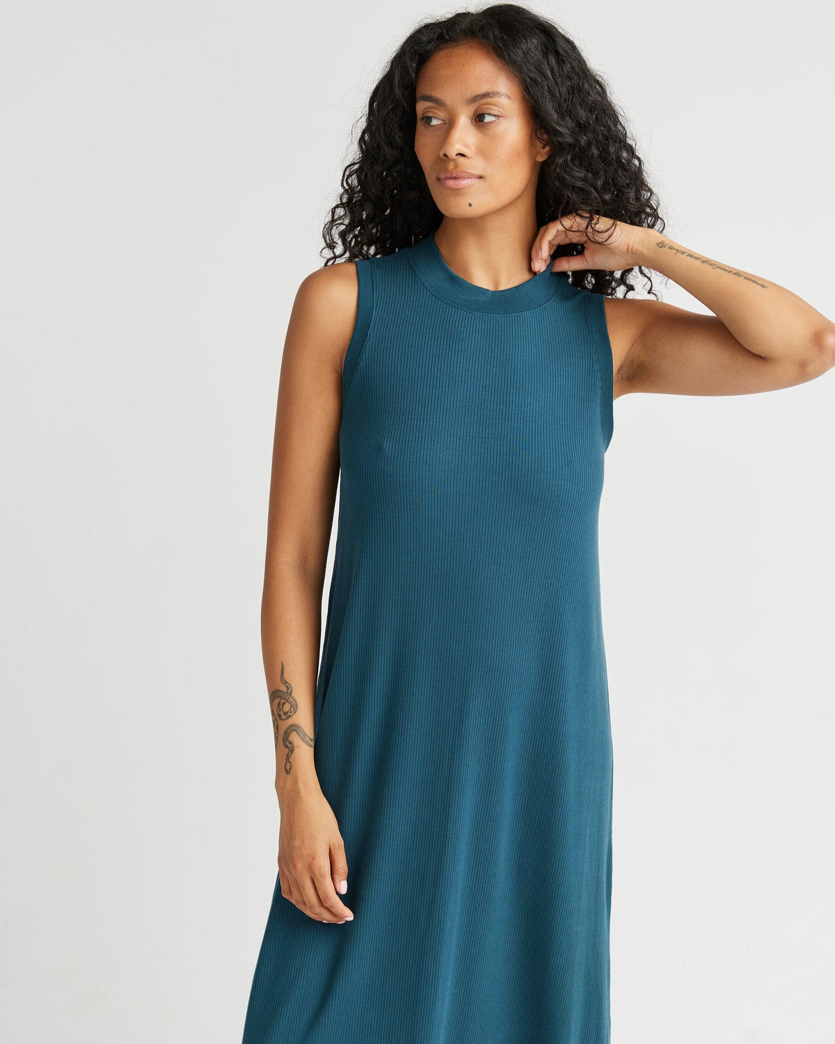 Womens Vintage Rib Column Dress - Lyocell Rib Knit - Reflecting Pond