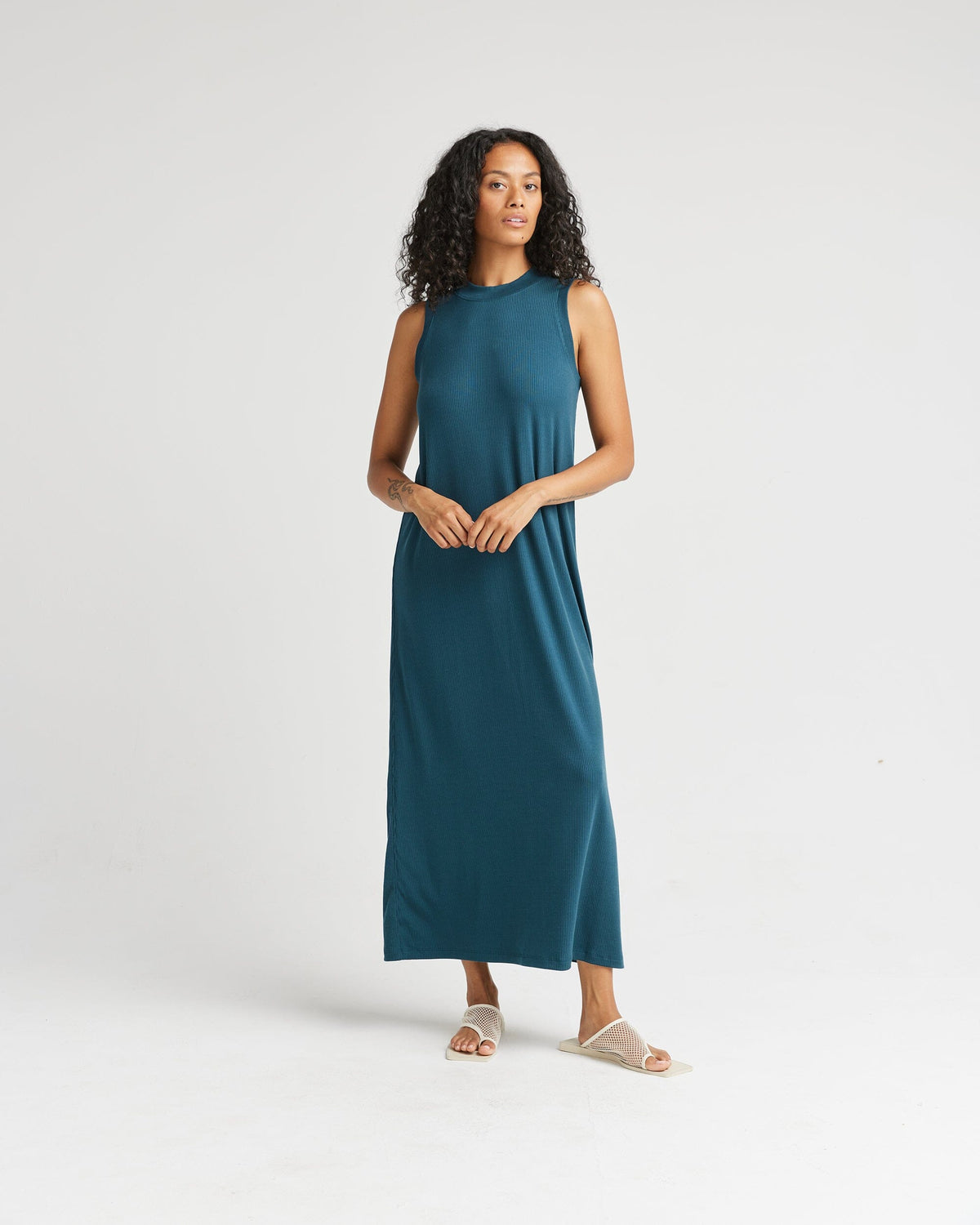 Womens Vintage Rib Column Dress - Lyocell Rib Knit - Reflecting Pond