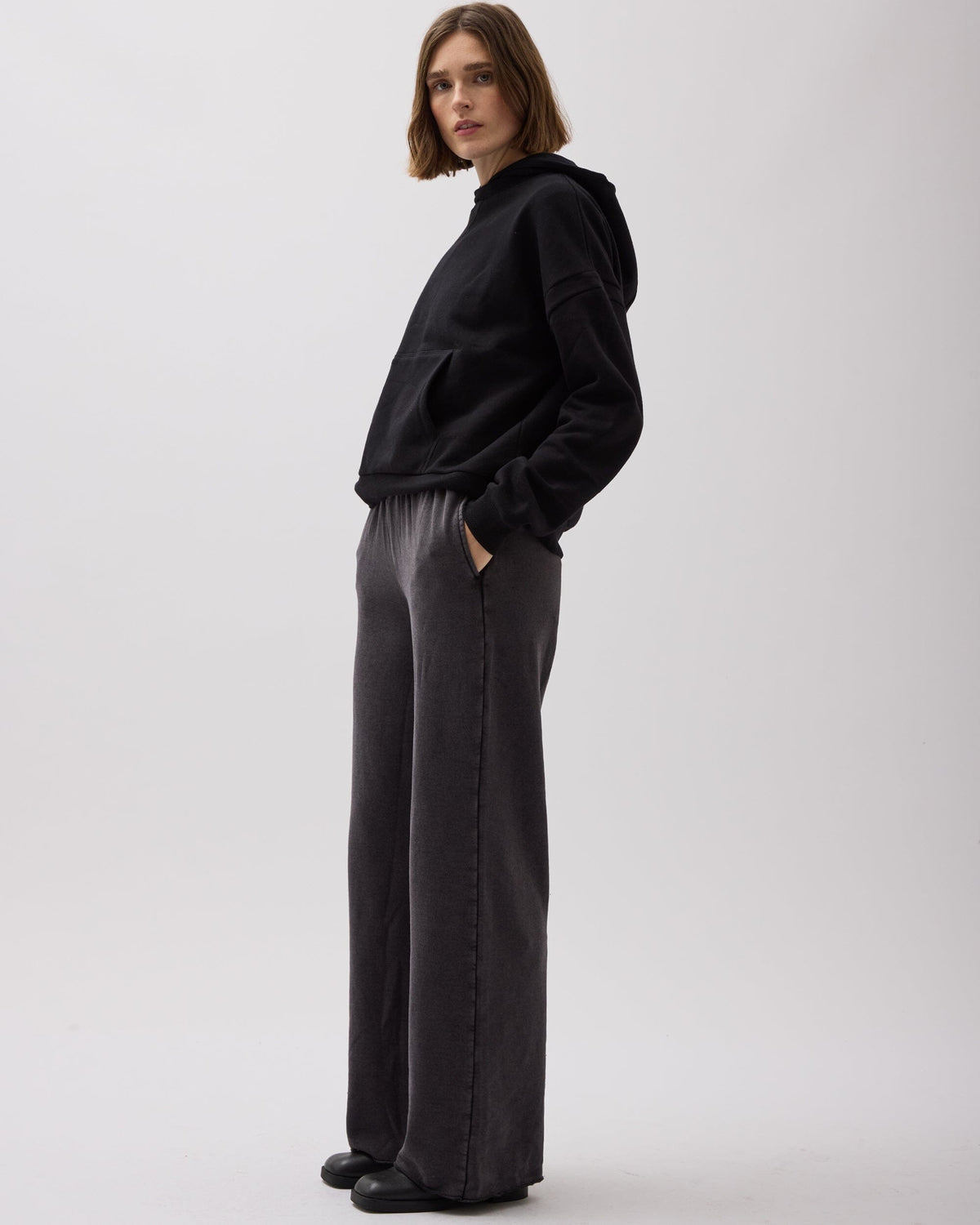 Womens Recycled Fleece Wide Leg Pant - Recycled Fleece - Mineral Black