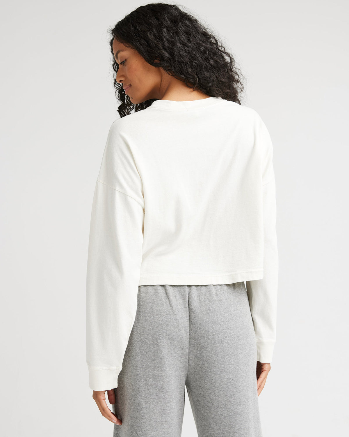 Womens Relaxed Crop Long Sleeve Tee - Pigment Dye Jersey - Bone