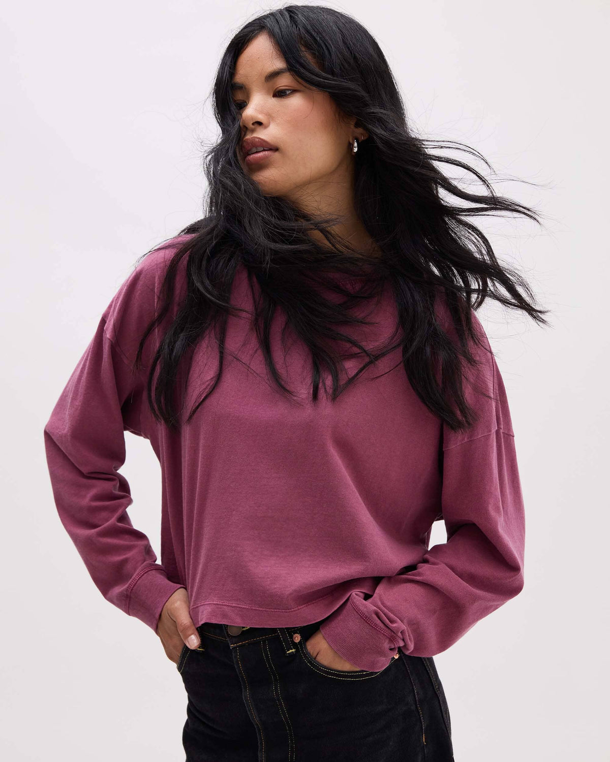 Womens Relaxed Crop Long Sleeve Tee - Pigment Dye Jersey - Burgundy