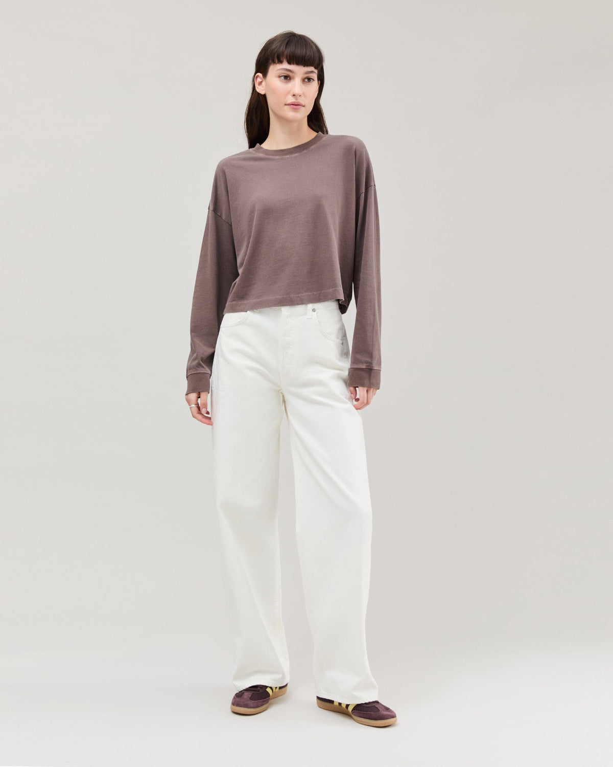 Womens Relaxed Crop Long Sleeve Tee - Pigment Dye Jersey - Mole