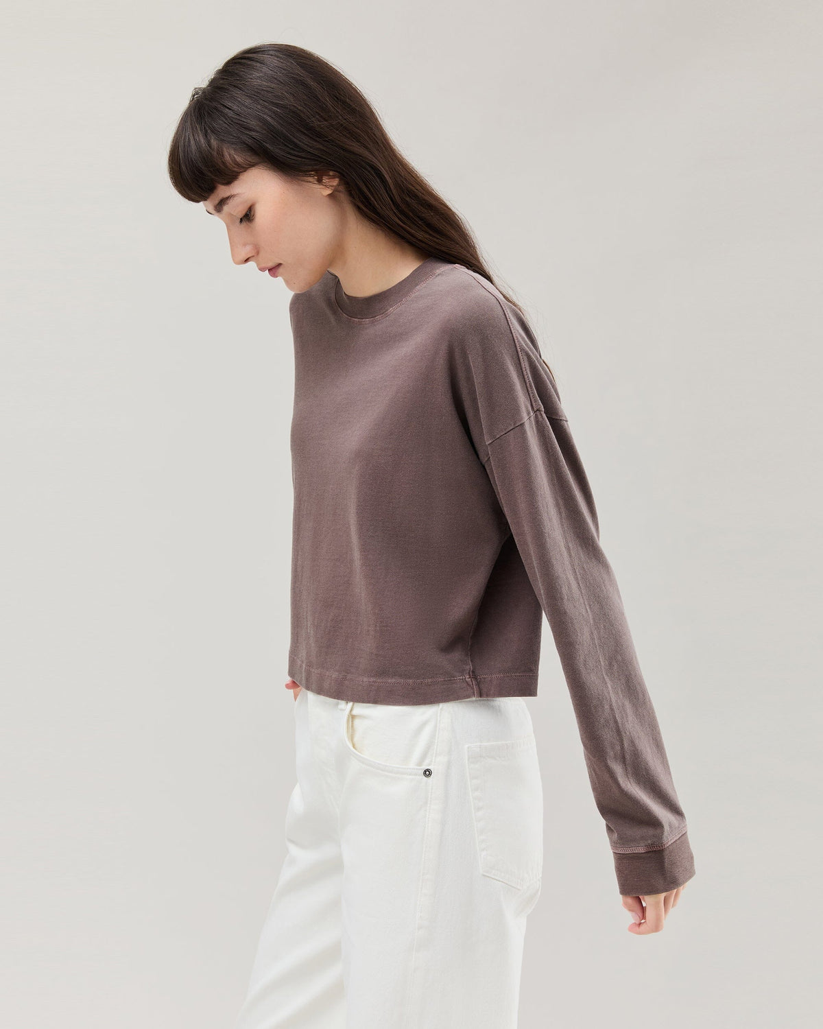 Womens Relaxed Crop Long Sleeve Tee - Pigment Dye Jersey - Mole