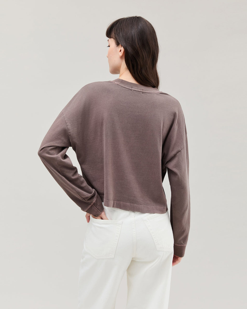 Womens Relaxed Crop Long Sleeve Tee - Pigment Dye Jersey - Mole