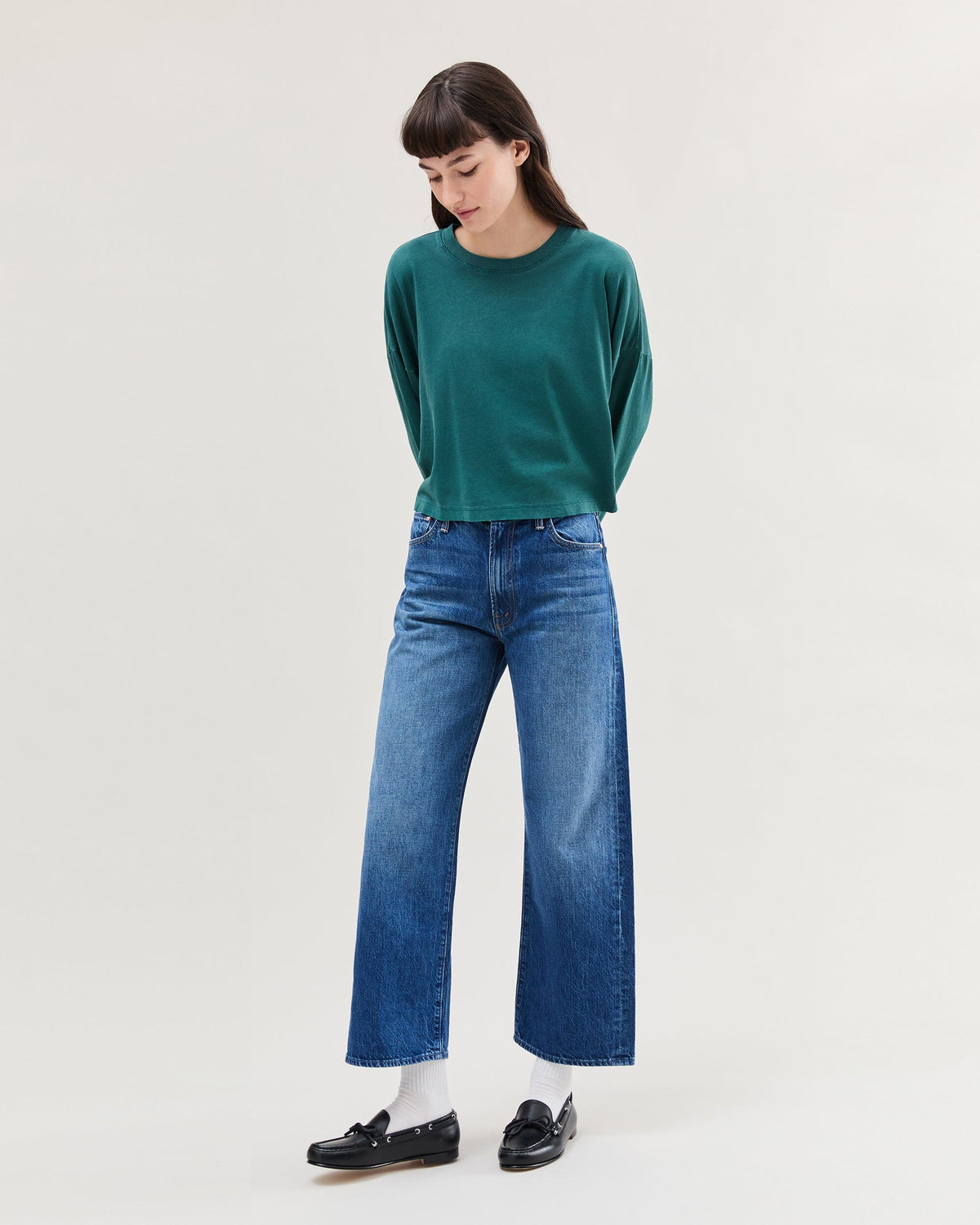 Womens Relaxed Crop Long Sleeve Tee - Pigment Dye Jersey - Rainforest