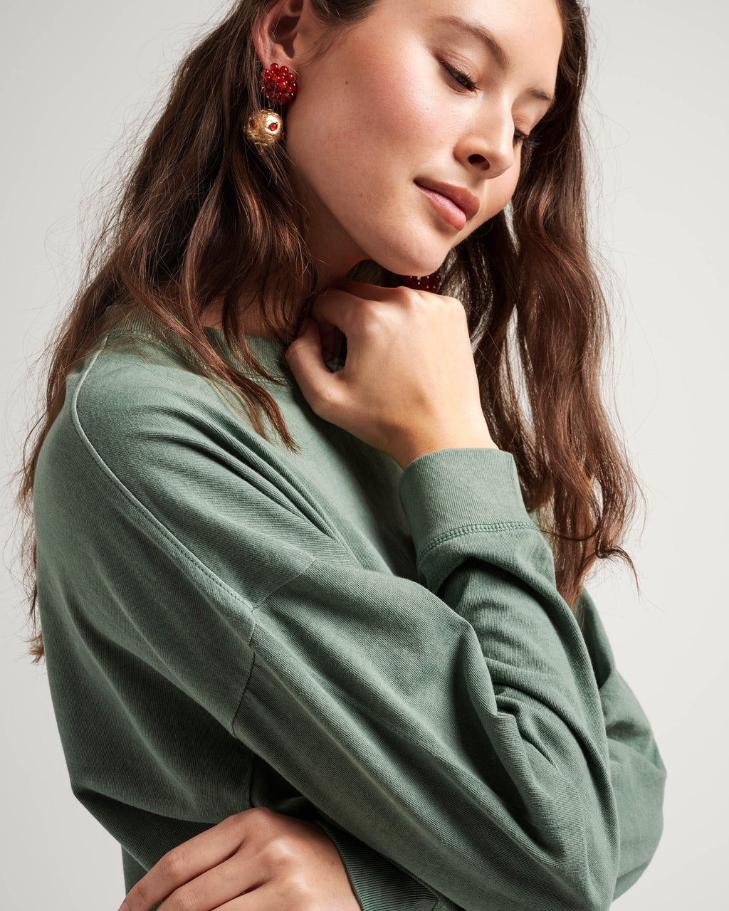 Womens Relaxed Crop Long Sleeve Tee - Pigment Dye Jersey - Sage Leaf