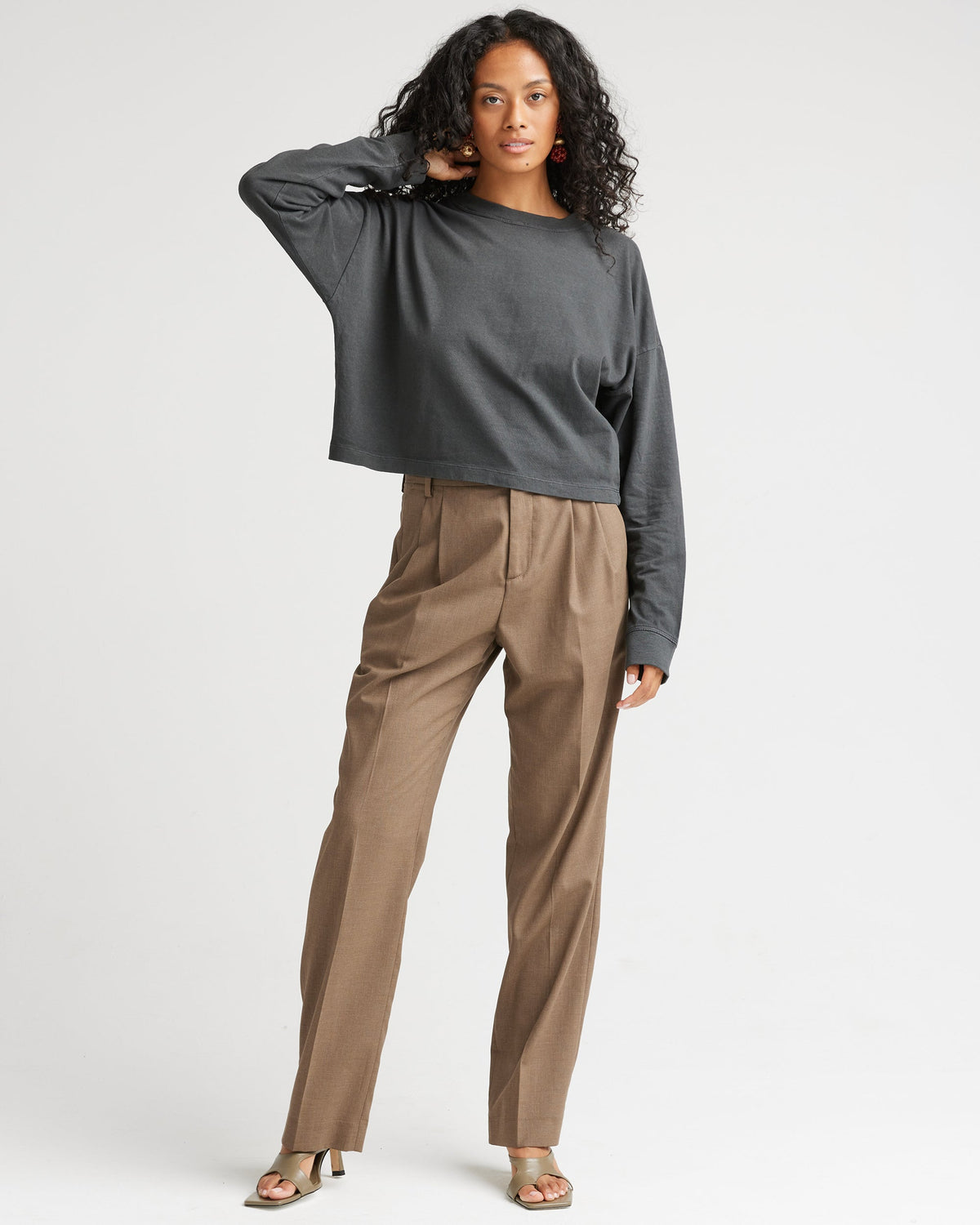 Womens Relaxed Crop Long Sleeve Tee - Pigment Dye Jersey - Stretch Limo