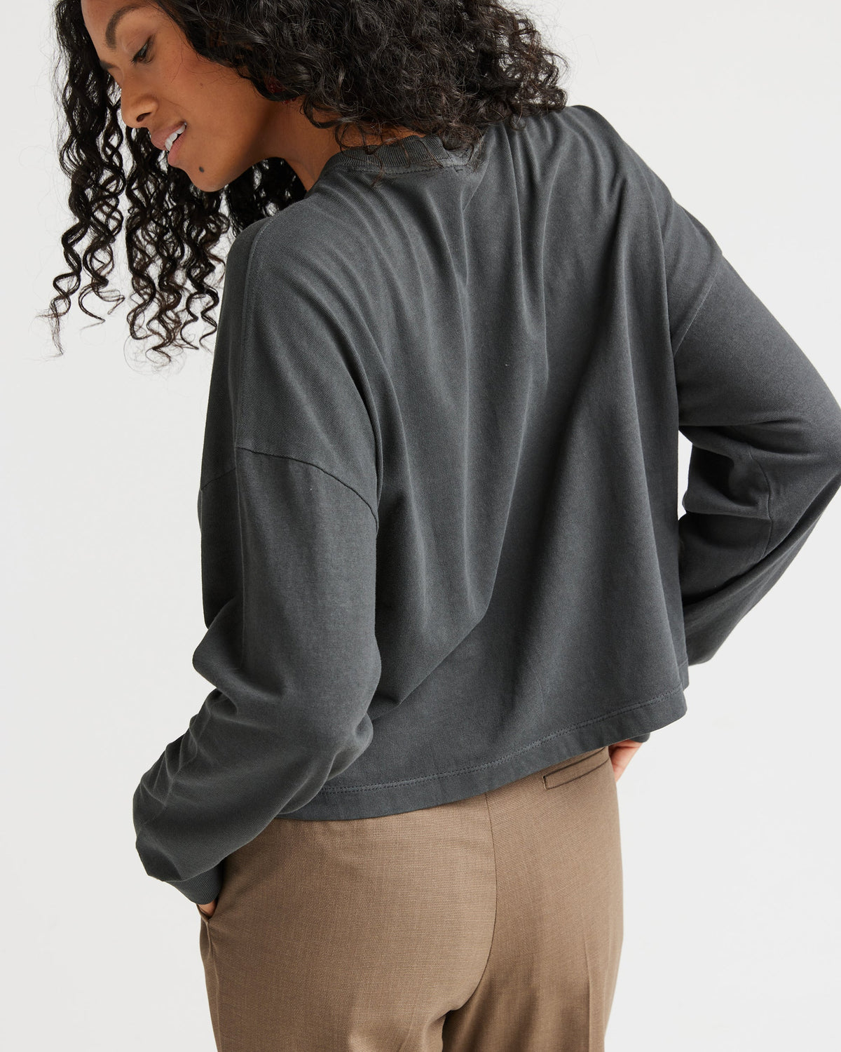 Womens Relaxed Crop Long Sleeve Tee - Pigment Dye Jersey - Stretch Limo