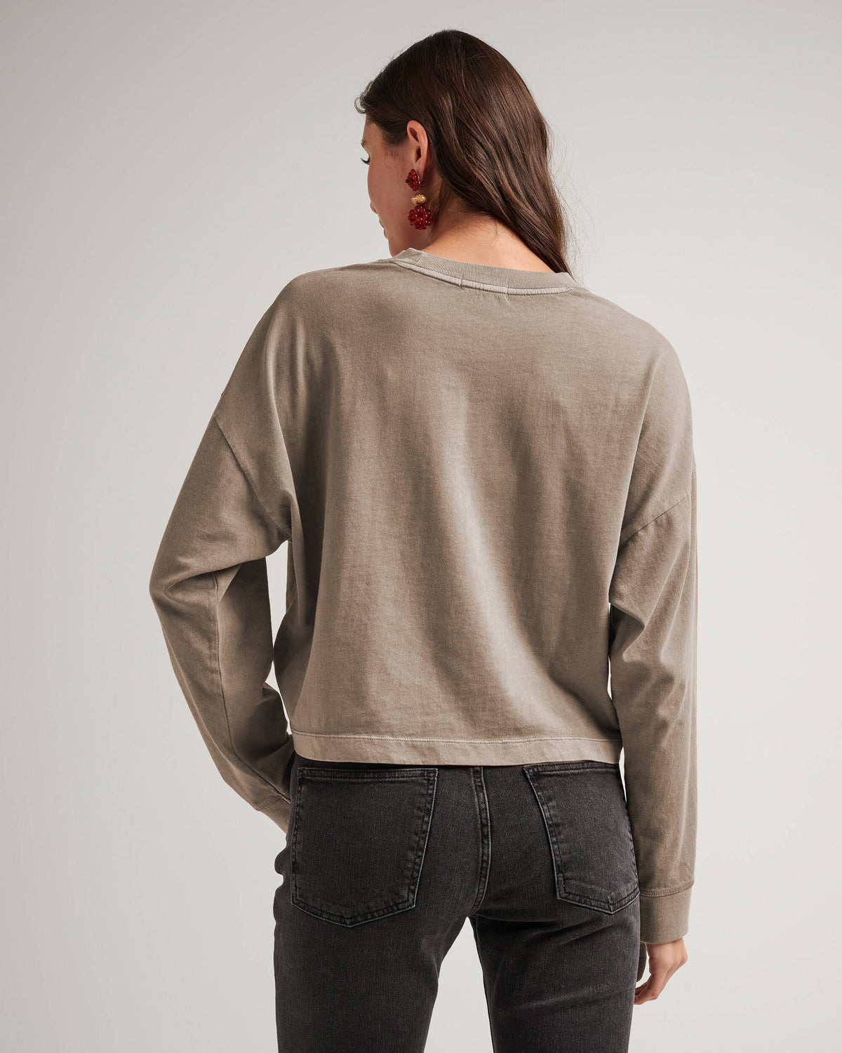 Womens Relaxed Crop Long Sleeve Tee - Pigment Dye Jersey - Warm Grey