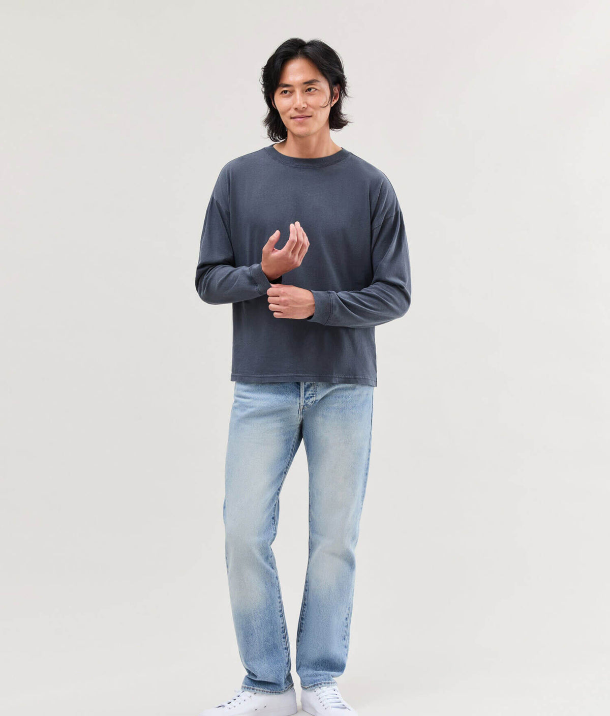 Mens Relaxed Long Sleeve Tee - Pigment Dye Jersey - Blue Steel