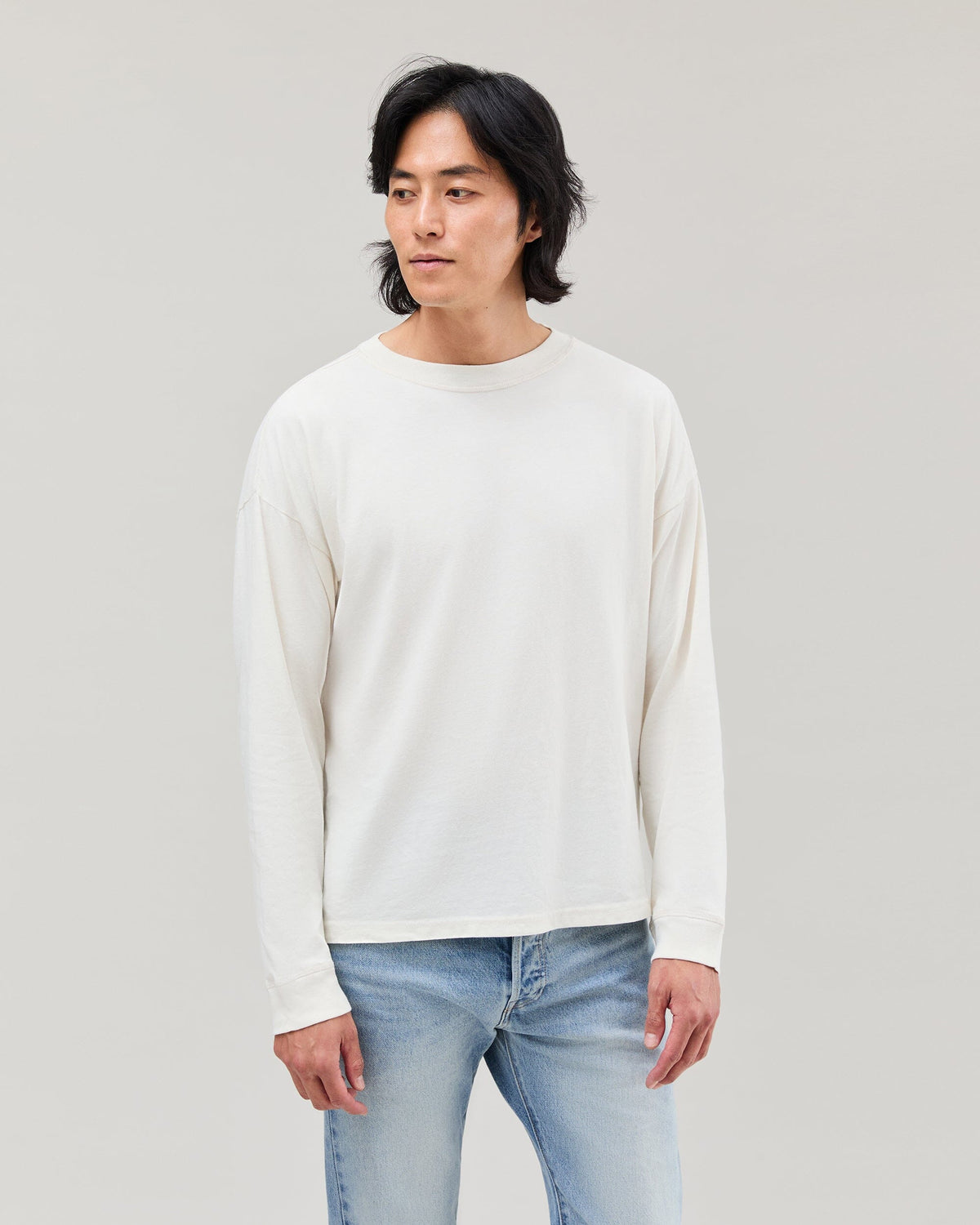 Mens Relaxed Long Sleeve Tee - Pigment Dye Jersey - Bone
