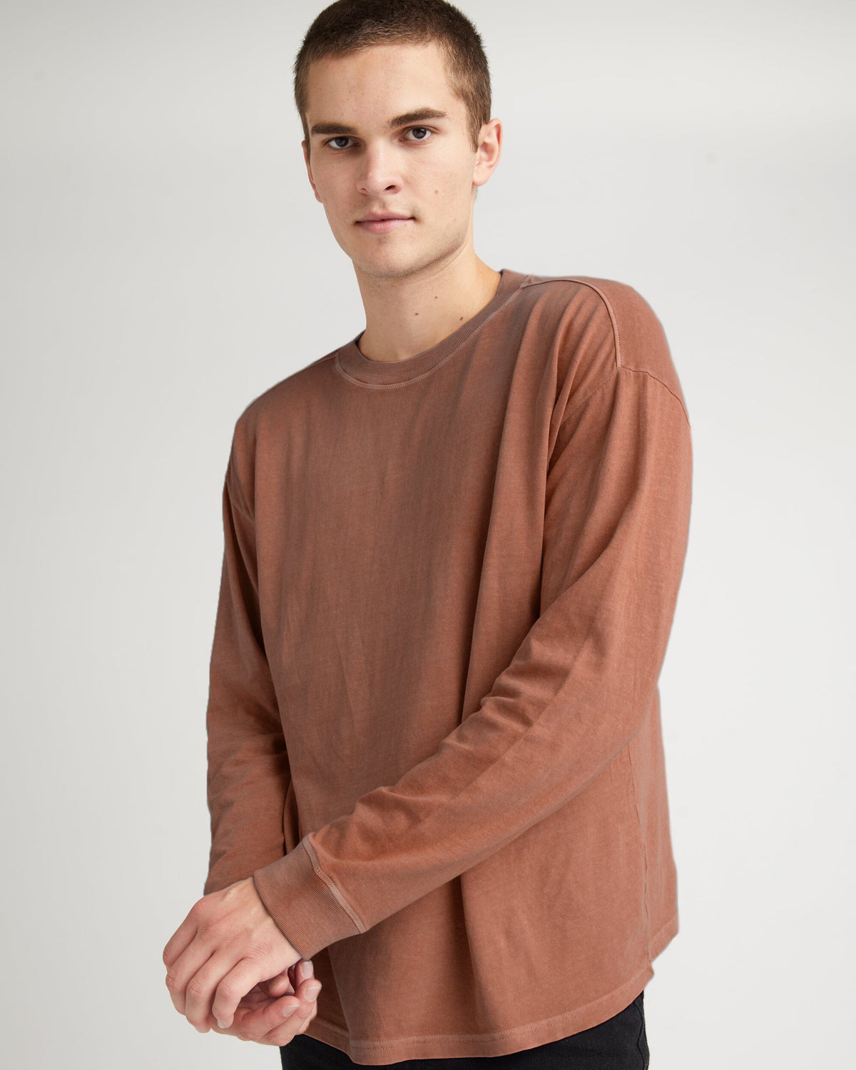 Mens Relaxed Long Sleeve Tee - Pigment Dye Jersey - Latte