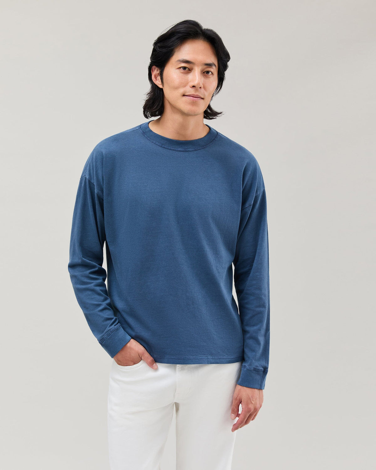 Mens Relaxed Long Sleeve Tee - Pigment Dye Jersey - Moonlit Ocean