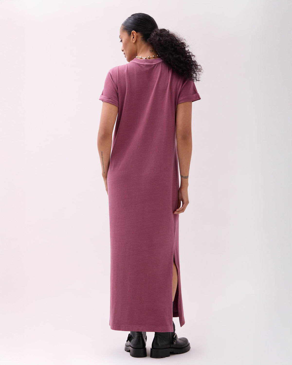 Womens Relaxed Tee Maxi Dress - Pigment Dye Jersey - Burgundy