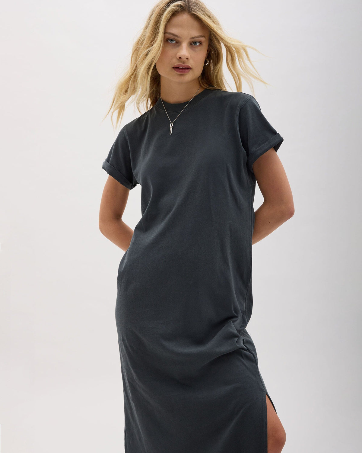 Womens Relaxed Tee Maxi Dress - Pigment Dye Jersey - Stretch Limo