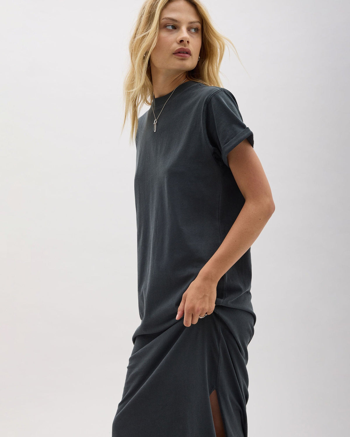 Womens Relaxed Tee Maxi Dress - Pigment Dye Jersey - Stretch Limo