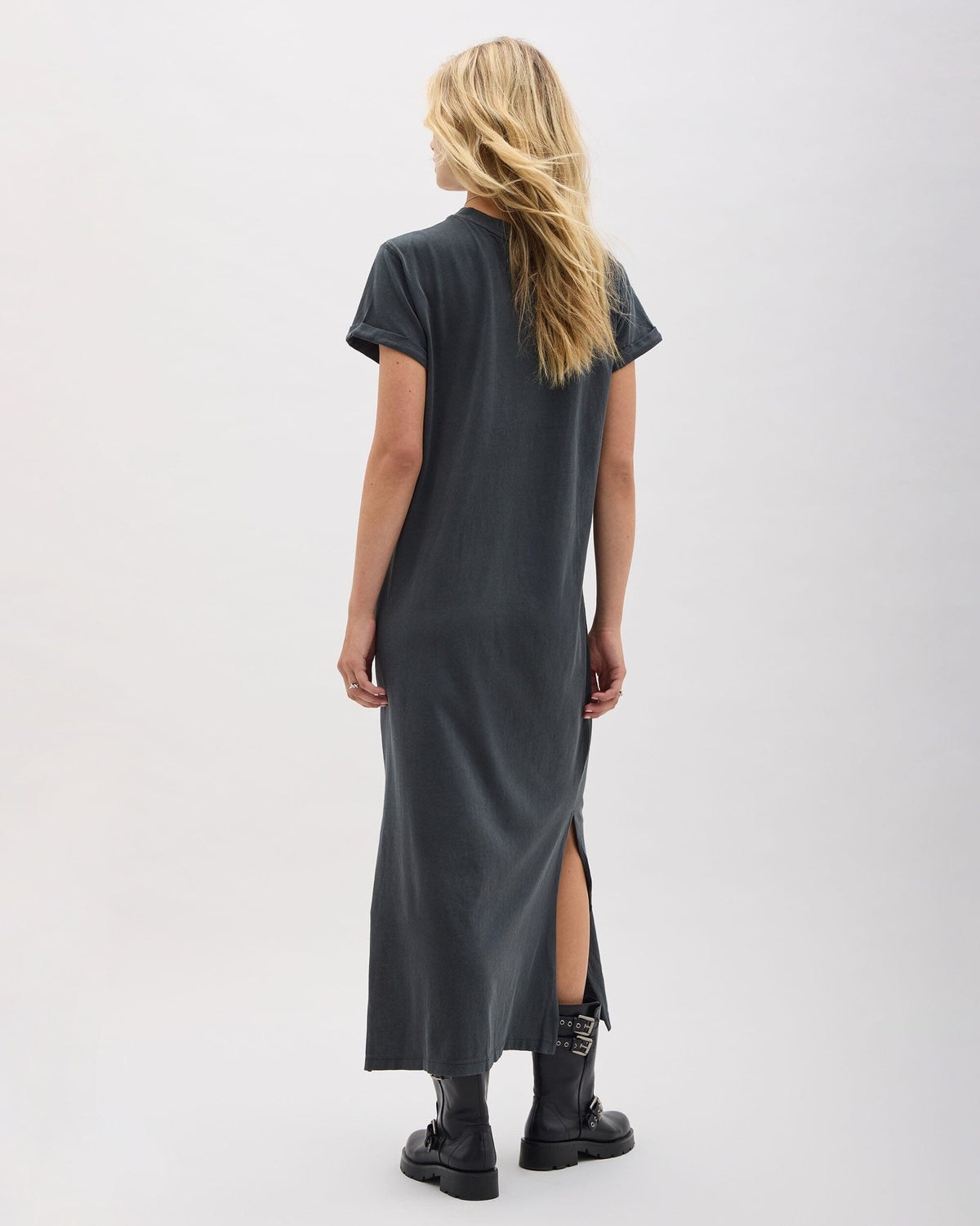 Womens Relaxed Tee Maxi Dress - Pigment Dye Jersey - Stretch Limo