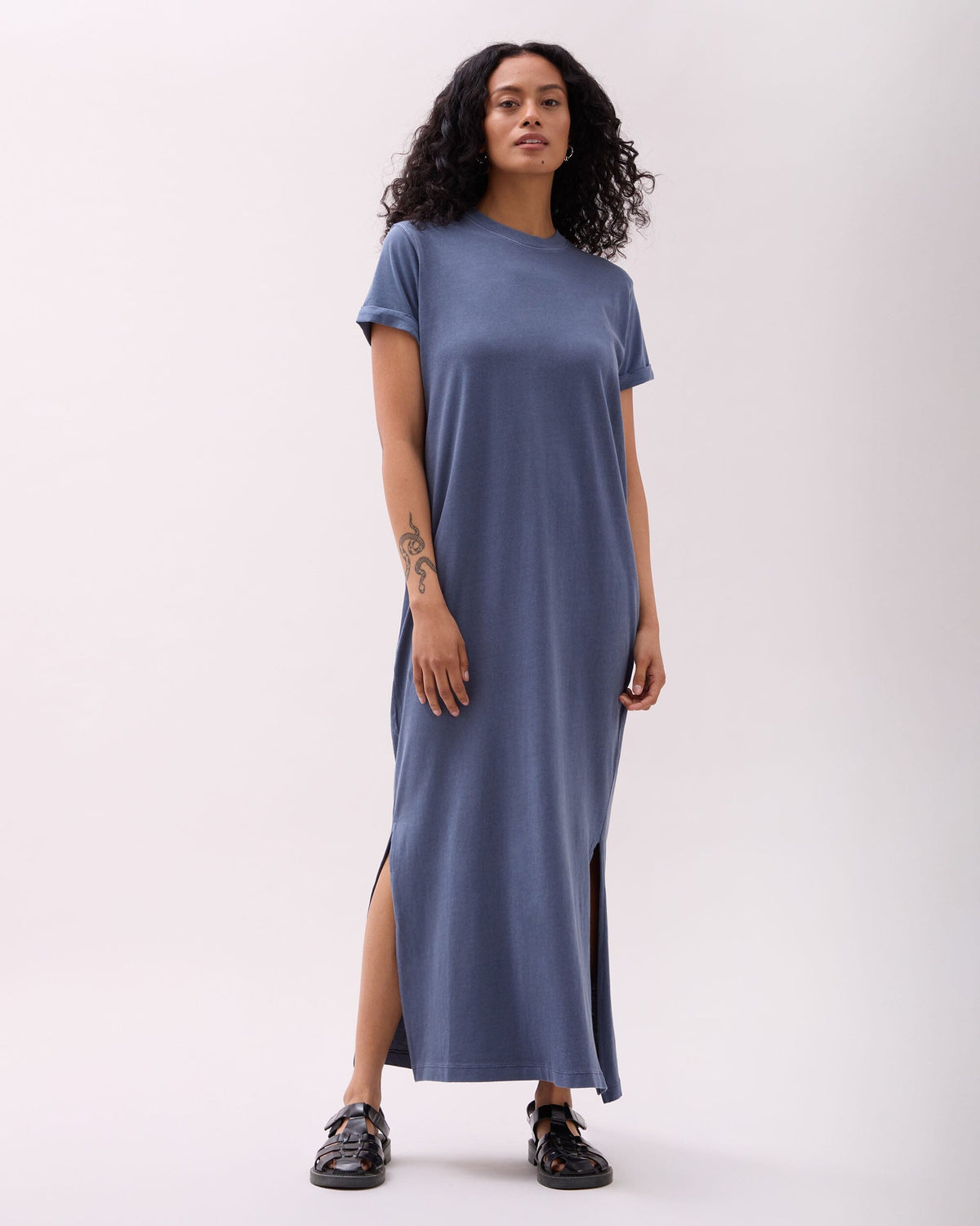 Womens Relaxed Tee Maxi Dress - Pigment Dye Jersey - Vintage Indigo