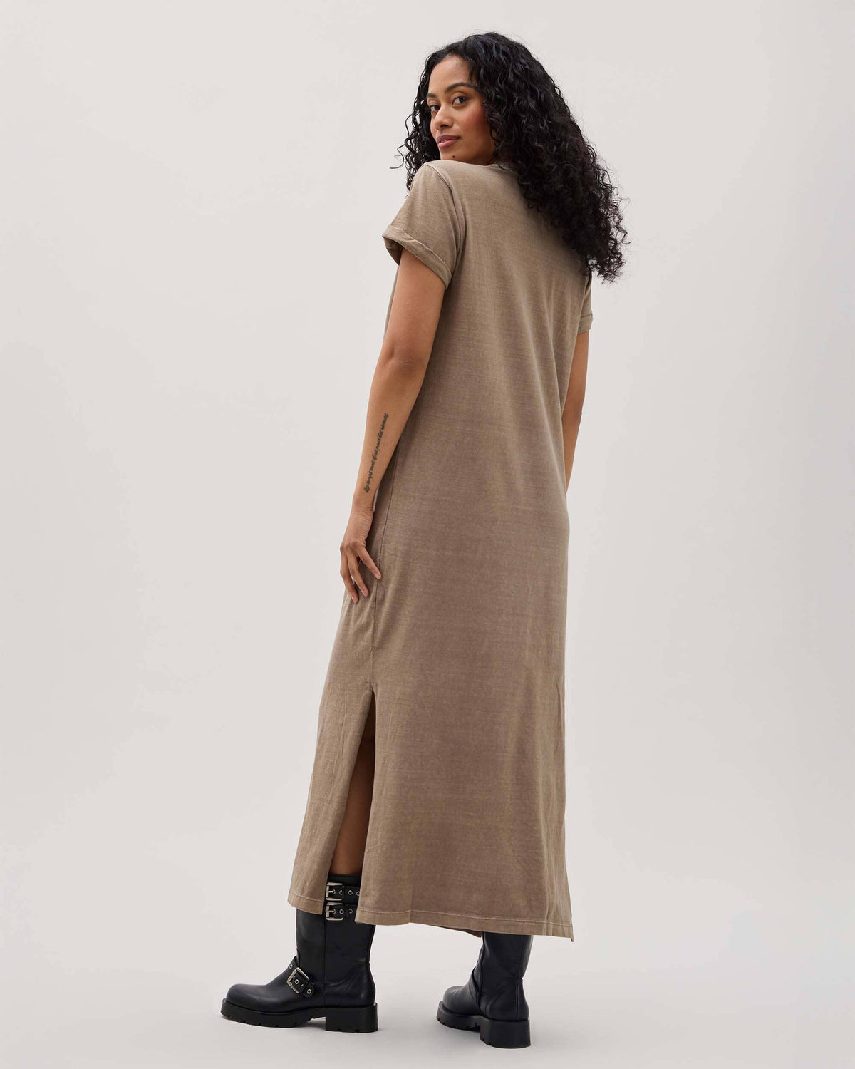 Womens Relaxed Tee Maxi Dress - Pigment Dye Jersey - Warm Grey