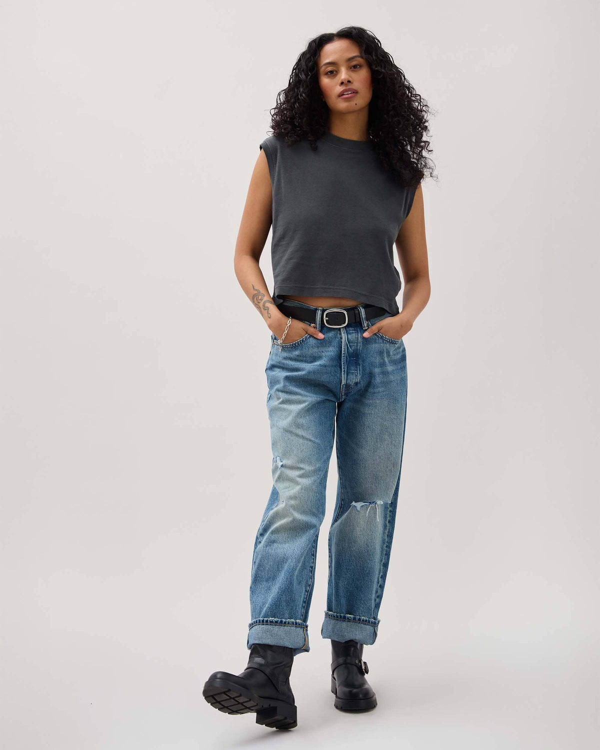 Womens Relaxed Muscle Tee - Pigment Dye Jersey - Stretch Limo