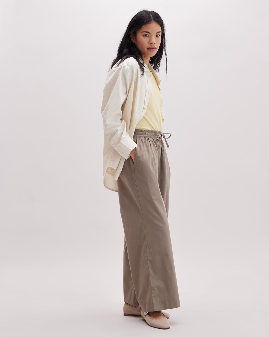 Womens Venice Drawstring Pant - Cotton Rayon Woven - Warm Grey