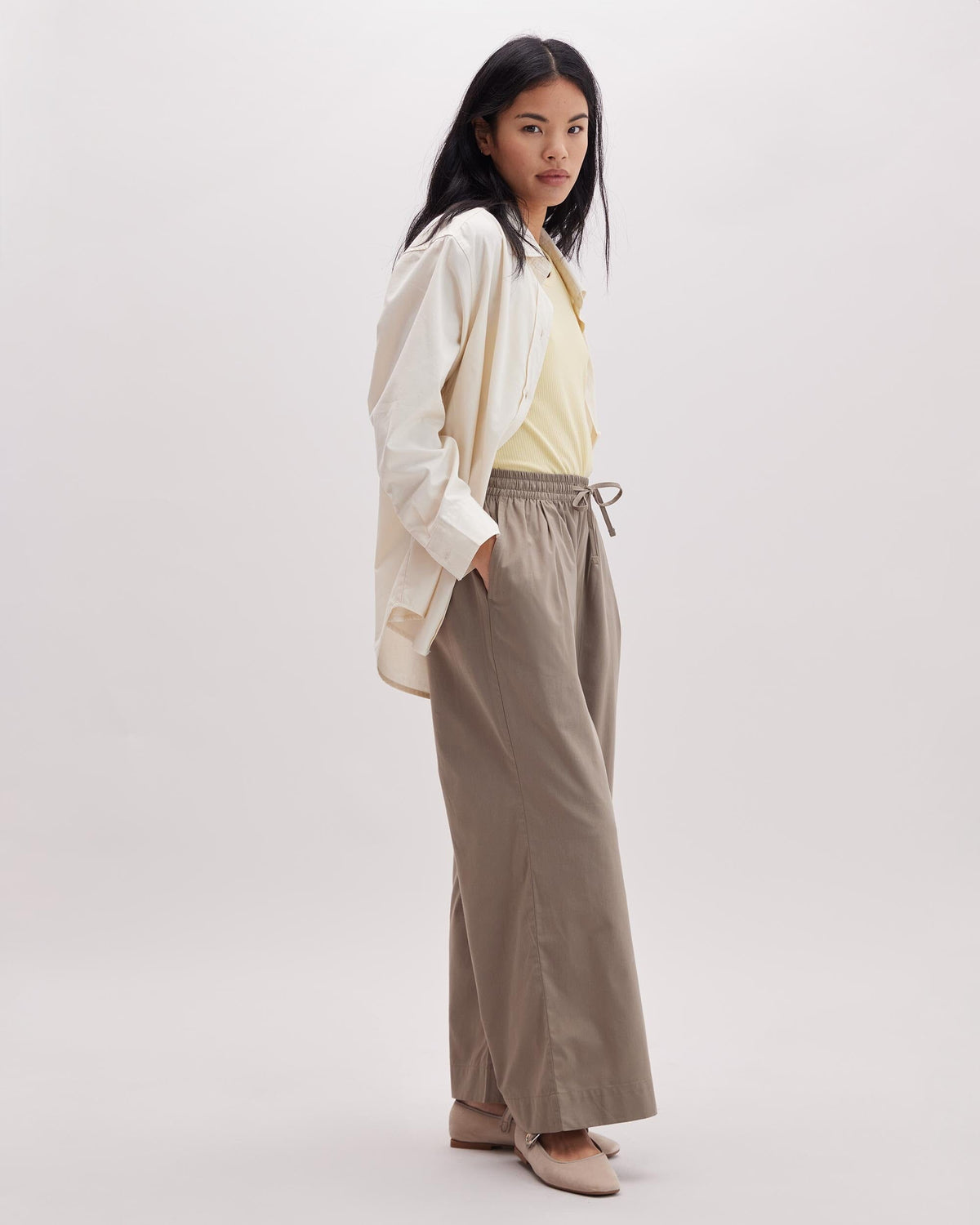 Womens Venice Drawstring Pant - Cotton Rayon Woven - Warm Grey
