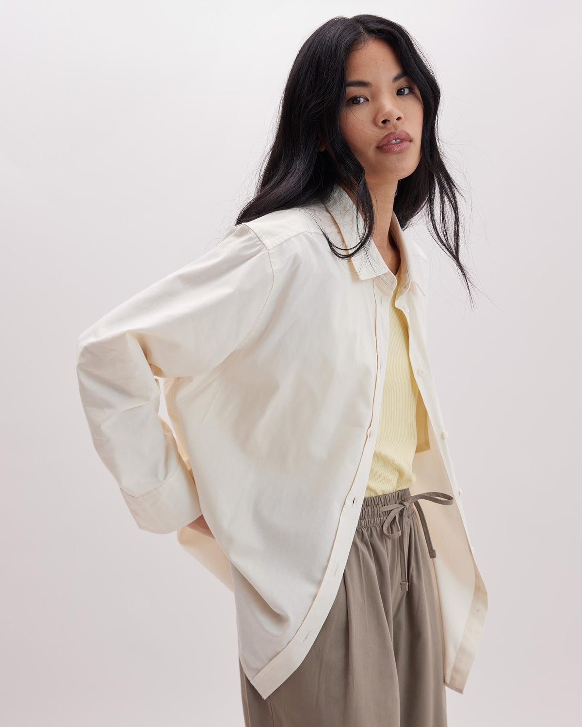 Womens Venice Button Up Shirt - Cotton Rayon Woven - Bone