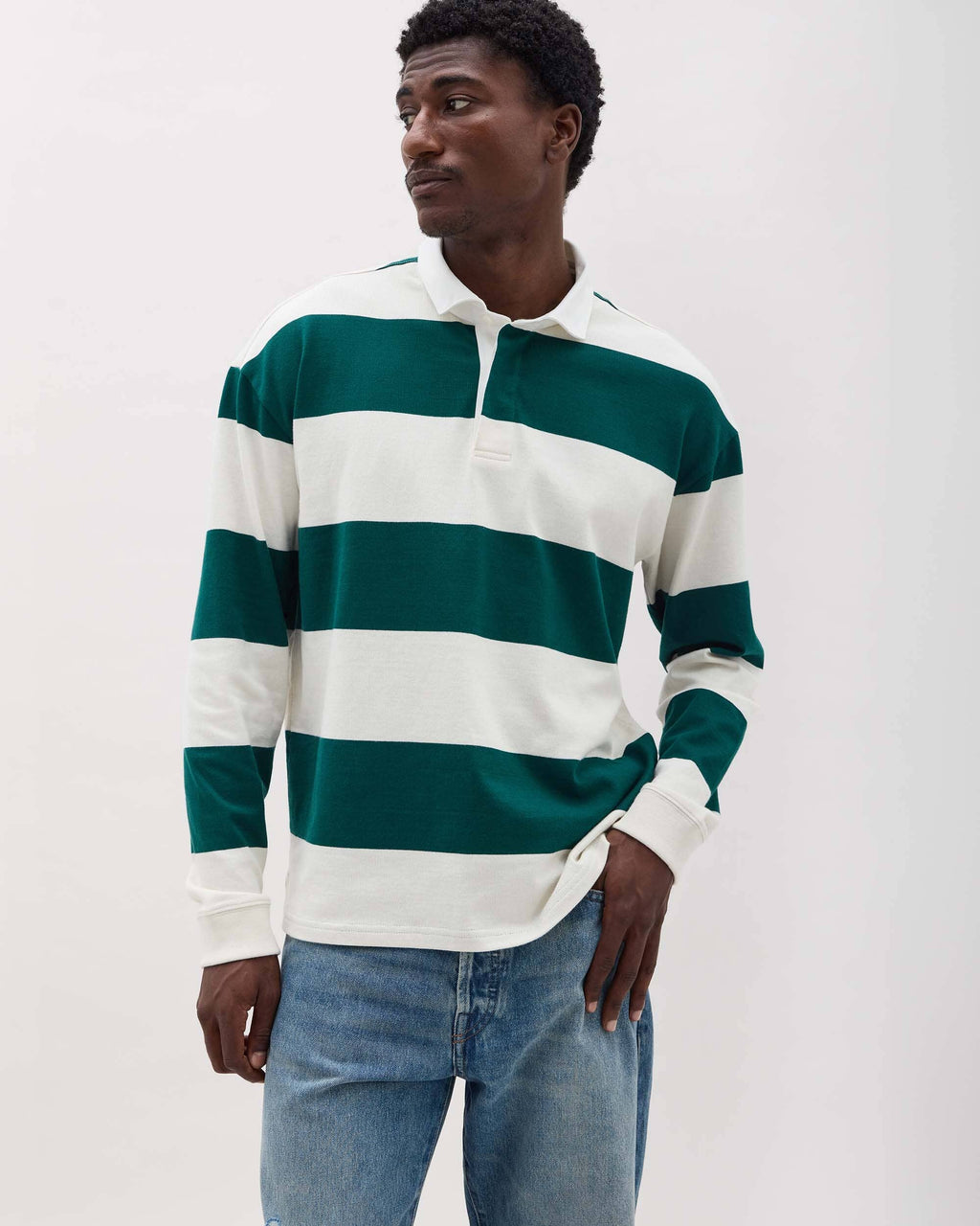 Mens Heavy Pima Rugby Polo - Pima Cotton Jersey - Rainforest Bone Stripe