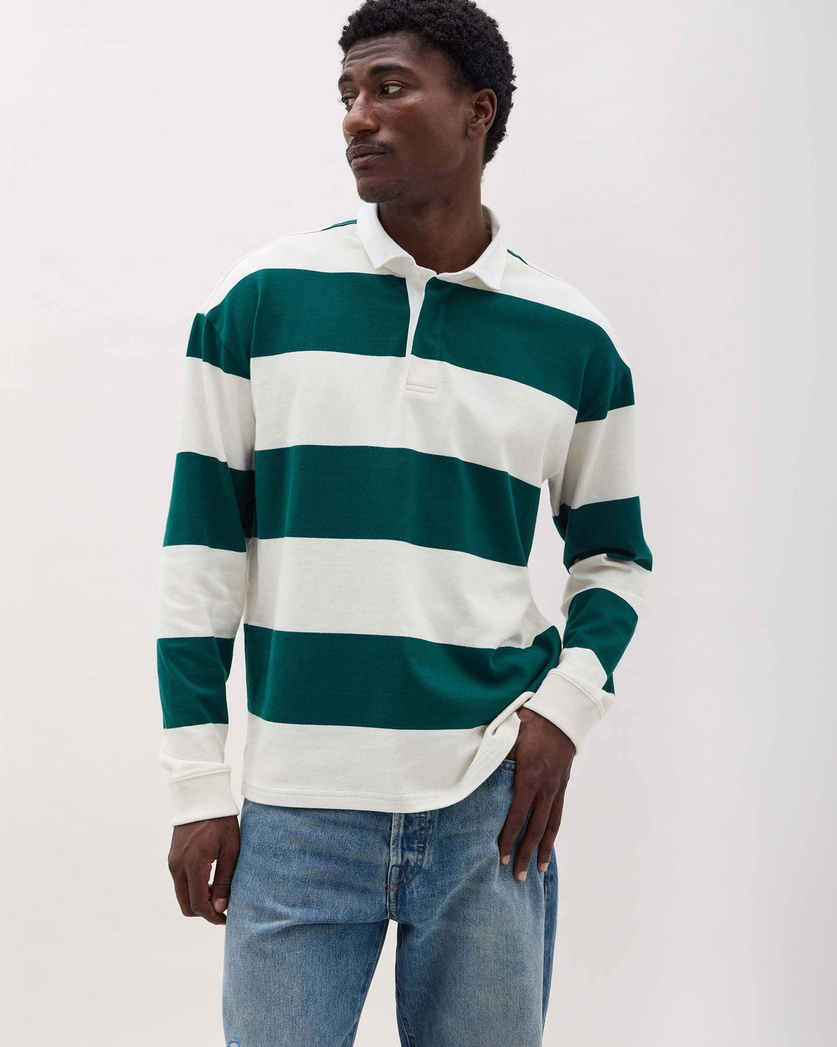 Mens Heavy Pima Rugby Polo - Pima Cotton Jersey - Rainforest Bone Stripe