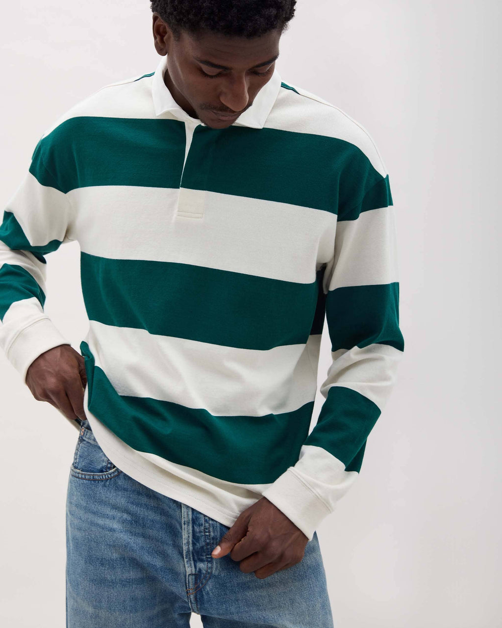 Mens Heavy Pima Rugby Polo - Pima Cotton Jersey - Rainforest Bone Stripe