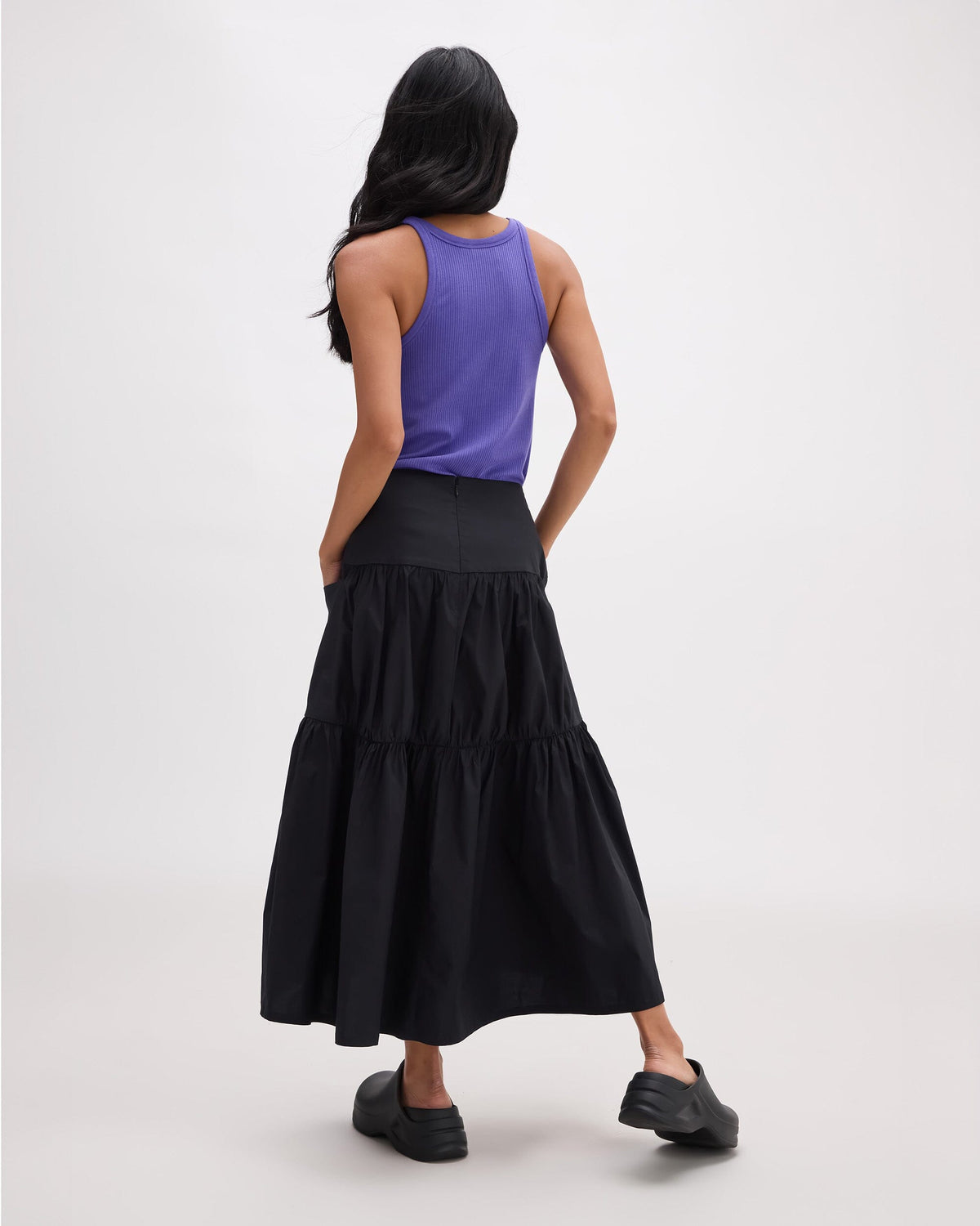 Womens Stevie Tiered Maxi Skirt - Cotton Poplin - Black