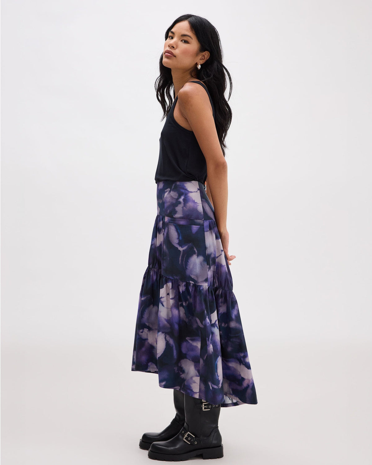 Womens Stevie Tiered Maxi Skirt - Cotton Poplin - Purple Ghost Floral