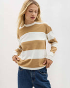 Womens Heavy Pima Rugby Pullover - Pima Cotton Jersey - Khaki Stripe