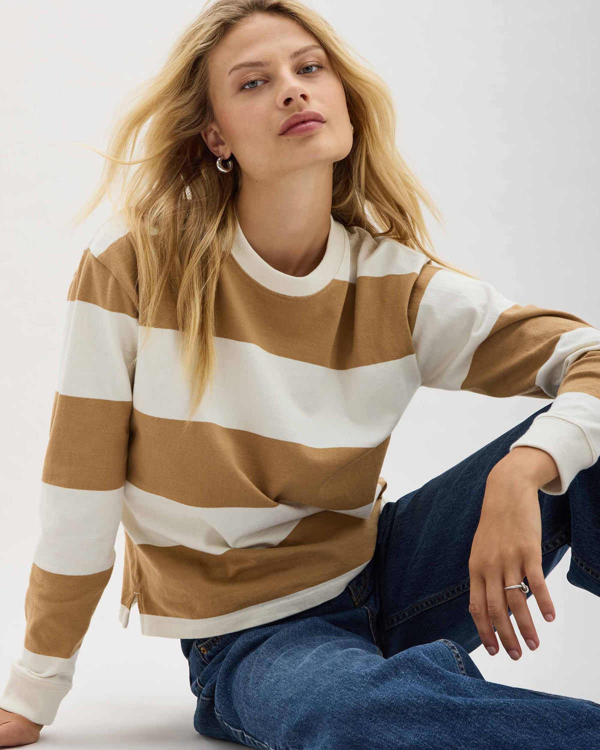 Womens Heavy Pima Rugby Pullover - Pima Cotton Jersey - Khaki Stripe