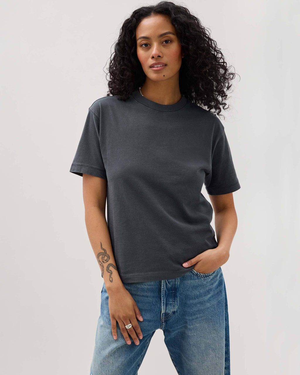 Womens Relaxed Everyday Tee - Pigment Dye Jersey - Stretch Limo