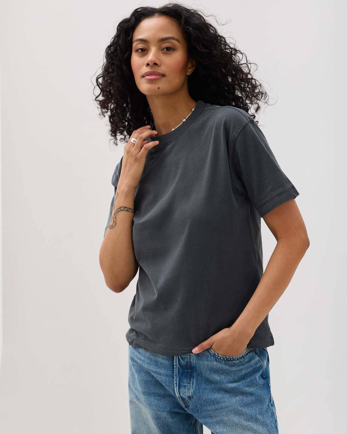 Womens Relaxed Everyday Tee - Pigment Dye Jersey - Stretch Limo