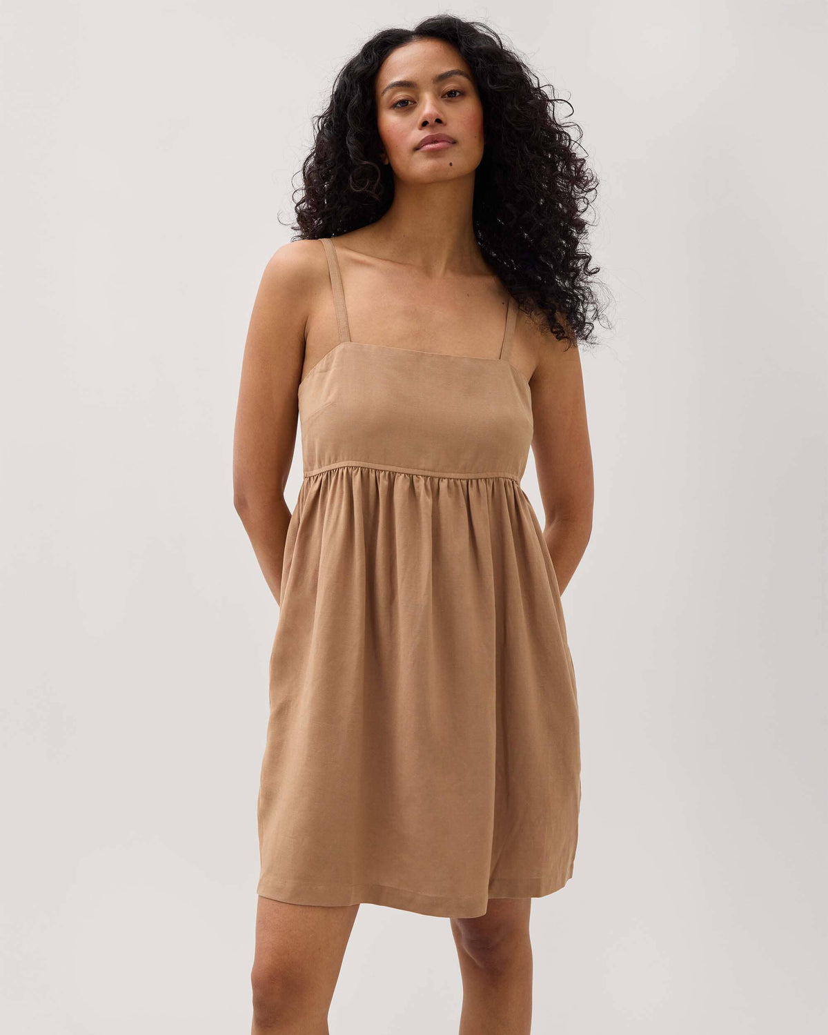 Womens Linen Mini Dress - Rayon Linen Woven - Cafe Au Lait