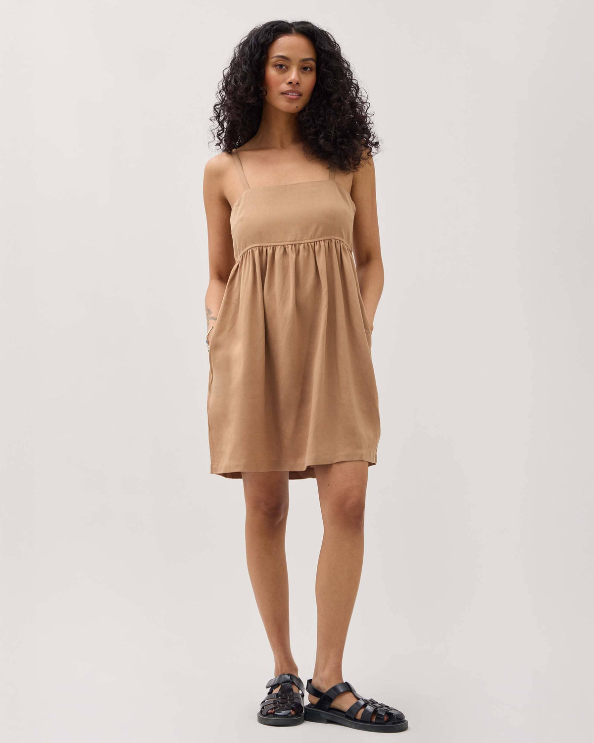 Womens Linen Mini Dress - Rayon Linen Woven - Cafe Au Lait