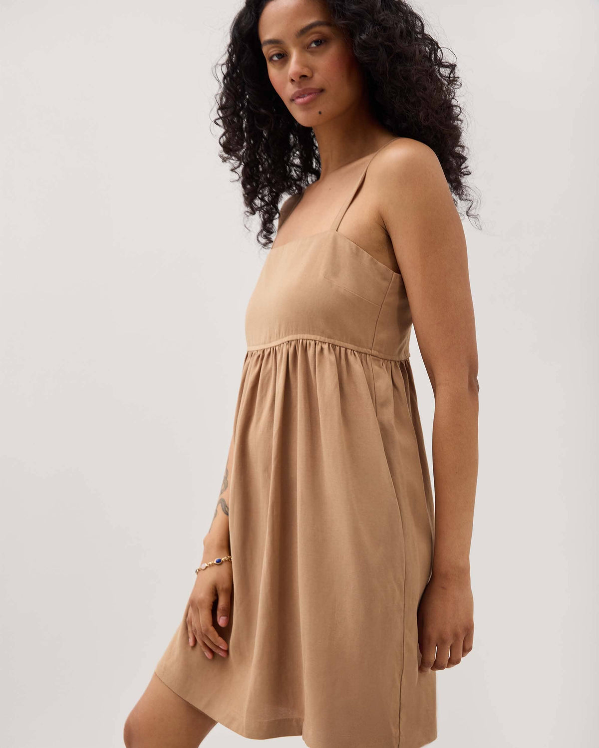 Womens Linen Mini Dress - Rayon Linen Woven - Cafe Au Lait
