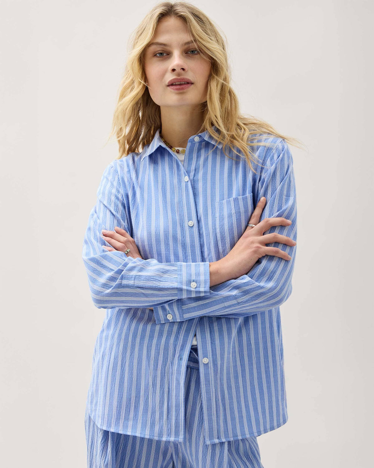 Womens Palermo Button Up - Poly Seer Sucker Stripe - Oxford Blue Stripe