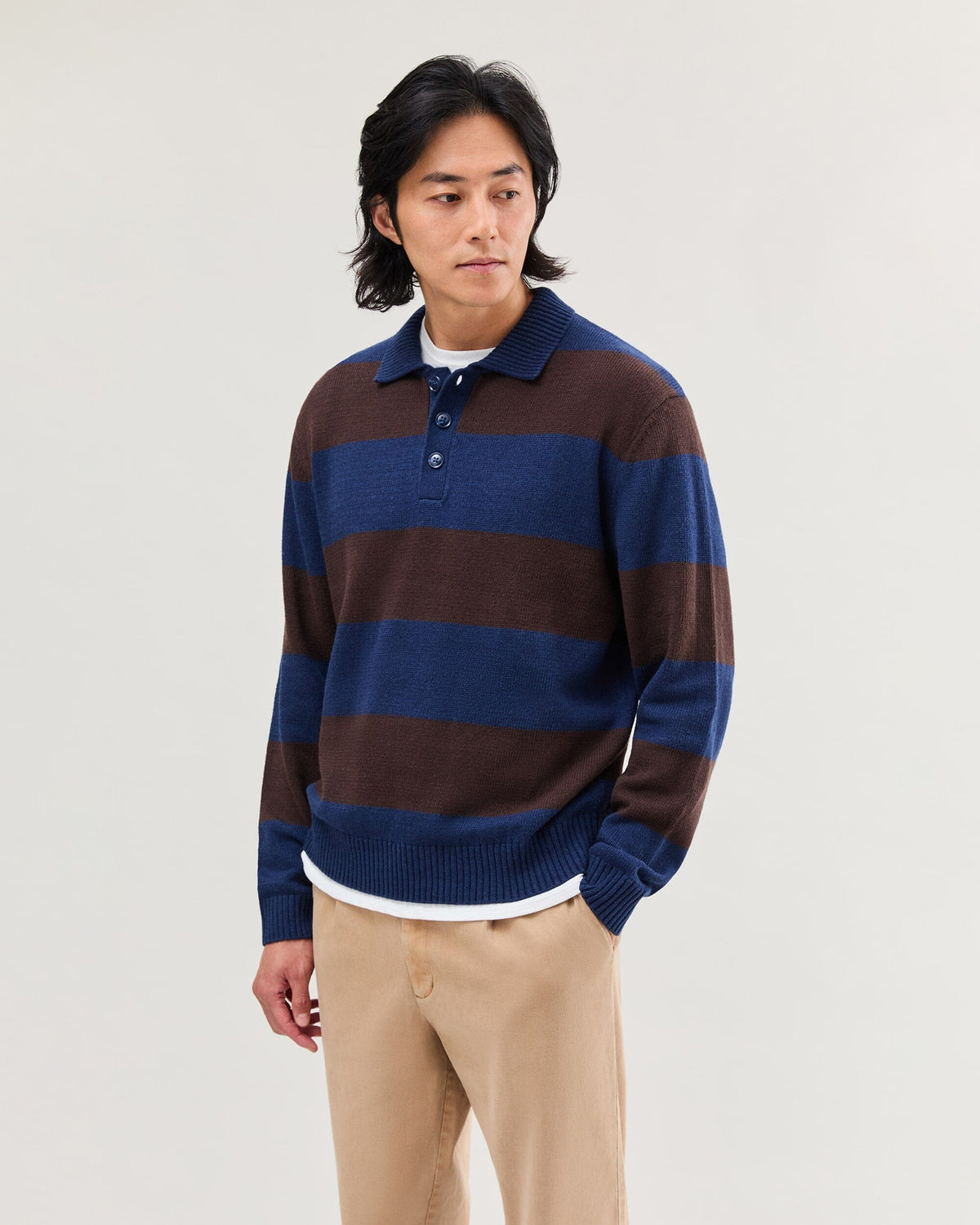 Mens Seth Rugby Sweater - Cotton Sweater Knit - Navy/Brown Stripe