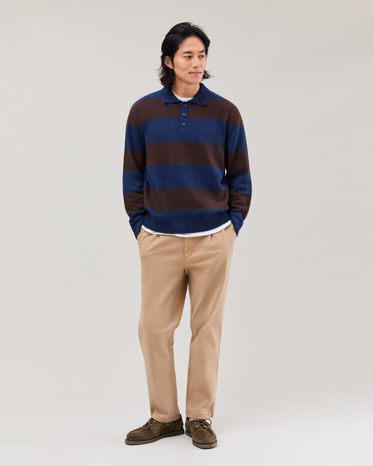 Mens Seth Rugby Sweater - Cotton Sweater Knit - Navy/Brown Stripe