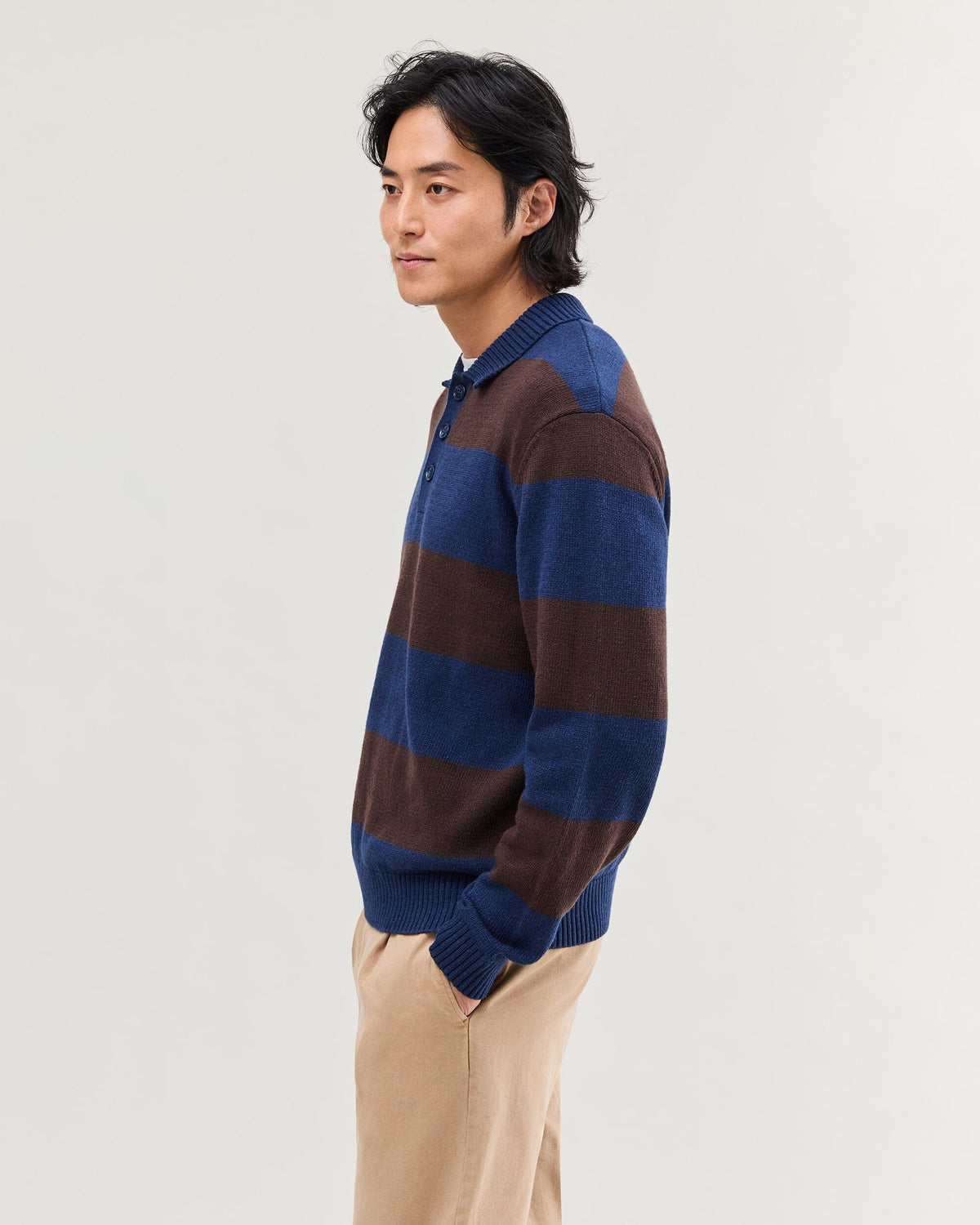 Mens Seth Rugby Sweater - Cotton Sweater Knit - Navy/Brown Stripe