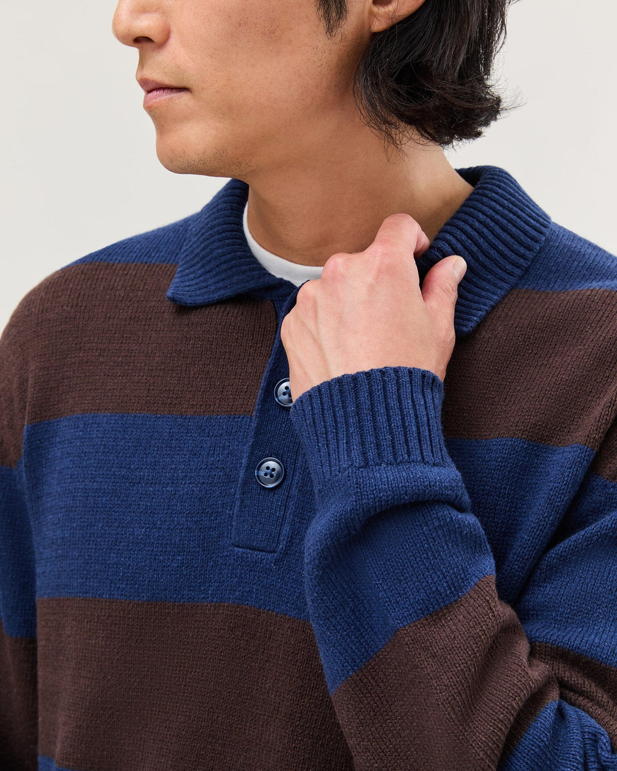 Mens Seth Rugby Sweater - Cotton Sweater Knit - Navy/Brown Stripe
