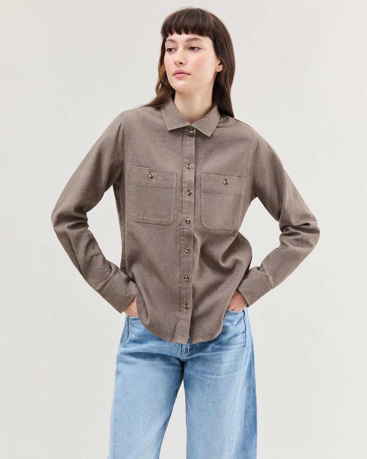 Womens Roma Work Shirt - Cotton Linen Twill - Porcini