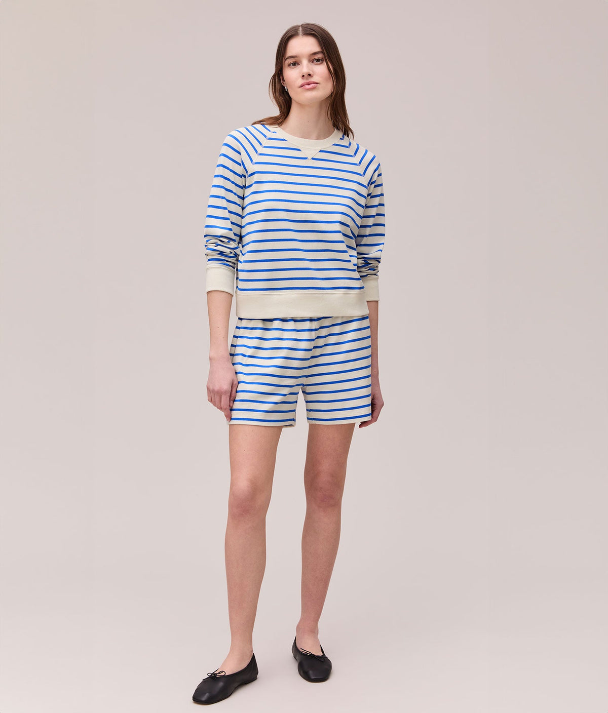 Womens Heavy Pima Sweatshort - Pima Cotton Jersey - Pop Blue Stripe